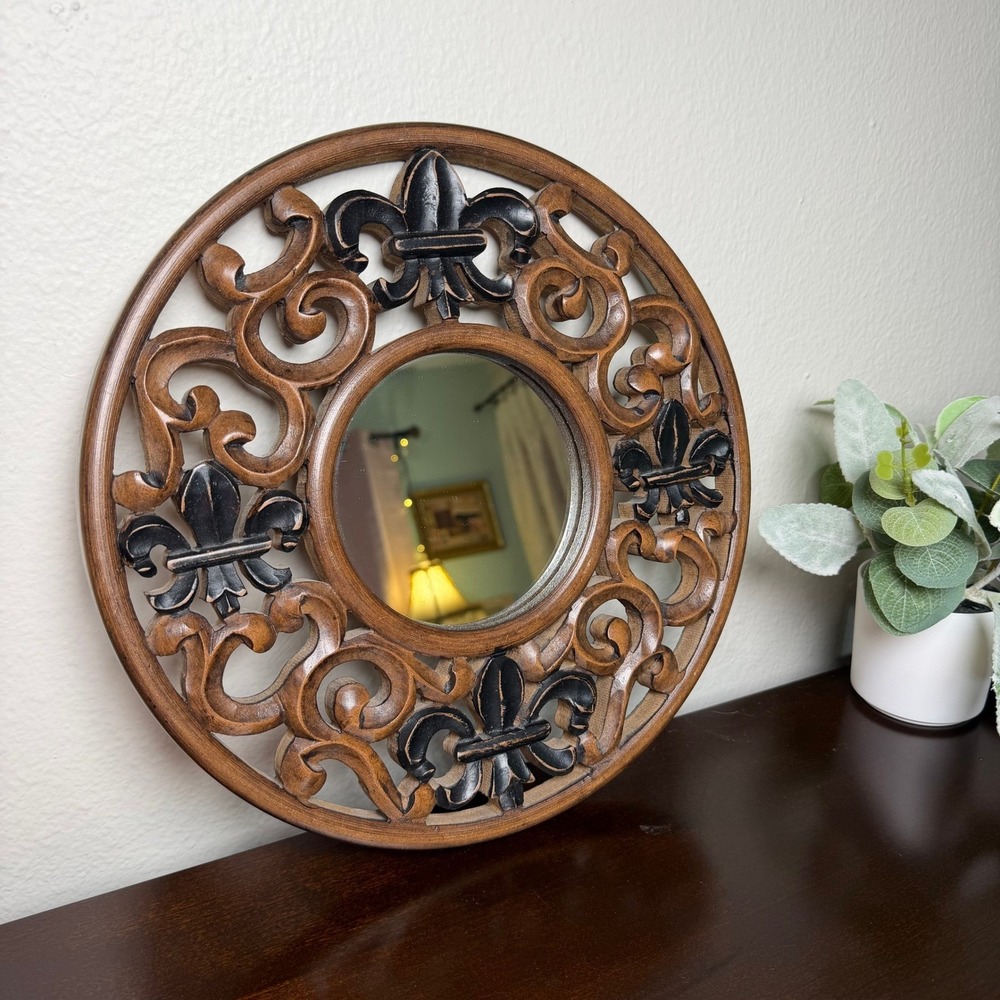 Round Wood Fleur de Lis Wall Mirror Brown Black Scrollwork Ornate